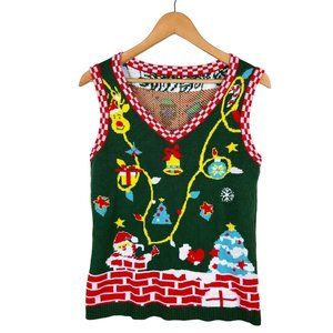 Christmas Sweater Vest Small Green And Red With Pixilated Deer, Ornaments, Santa
